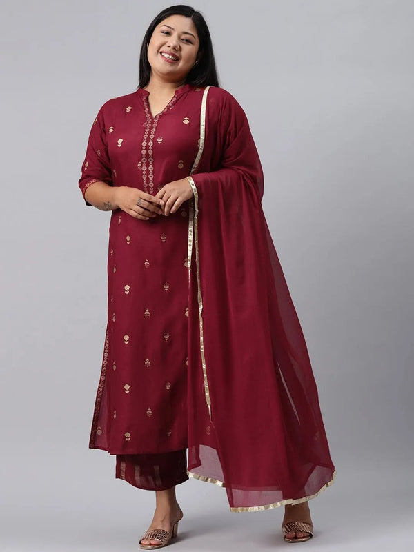 Plus Size Maroon Printed Rayon Suit Set - Jashvi