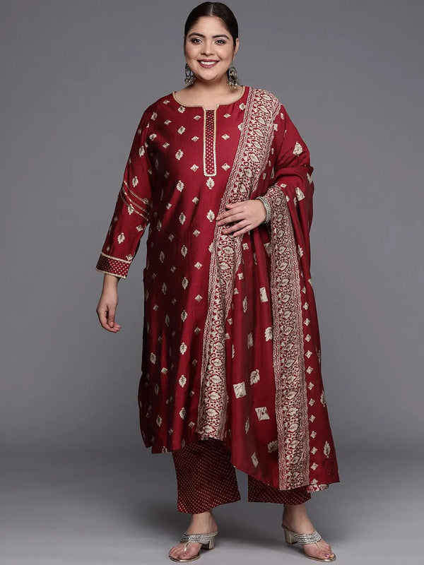 Plus Size Maroon Printed Silk Blend Straight Suit Set - Jashvi