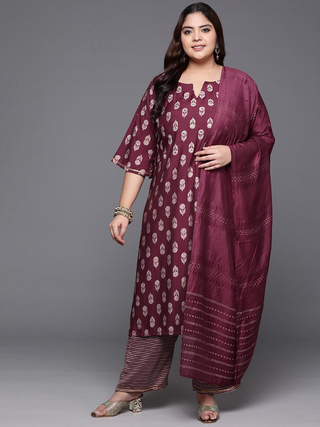 Plus Size Maroon Printed Silk Blend Straight Kurta With Trousers & Dupatta - Jashvi