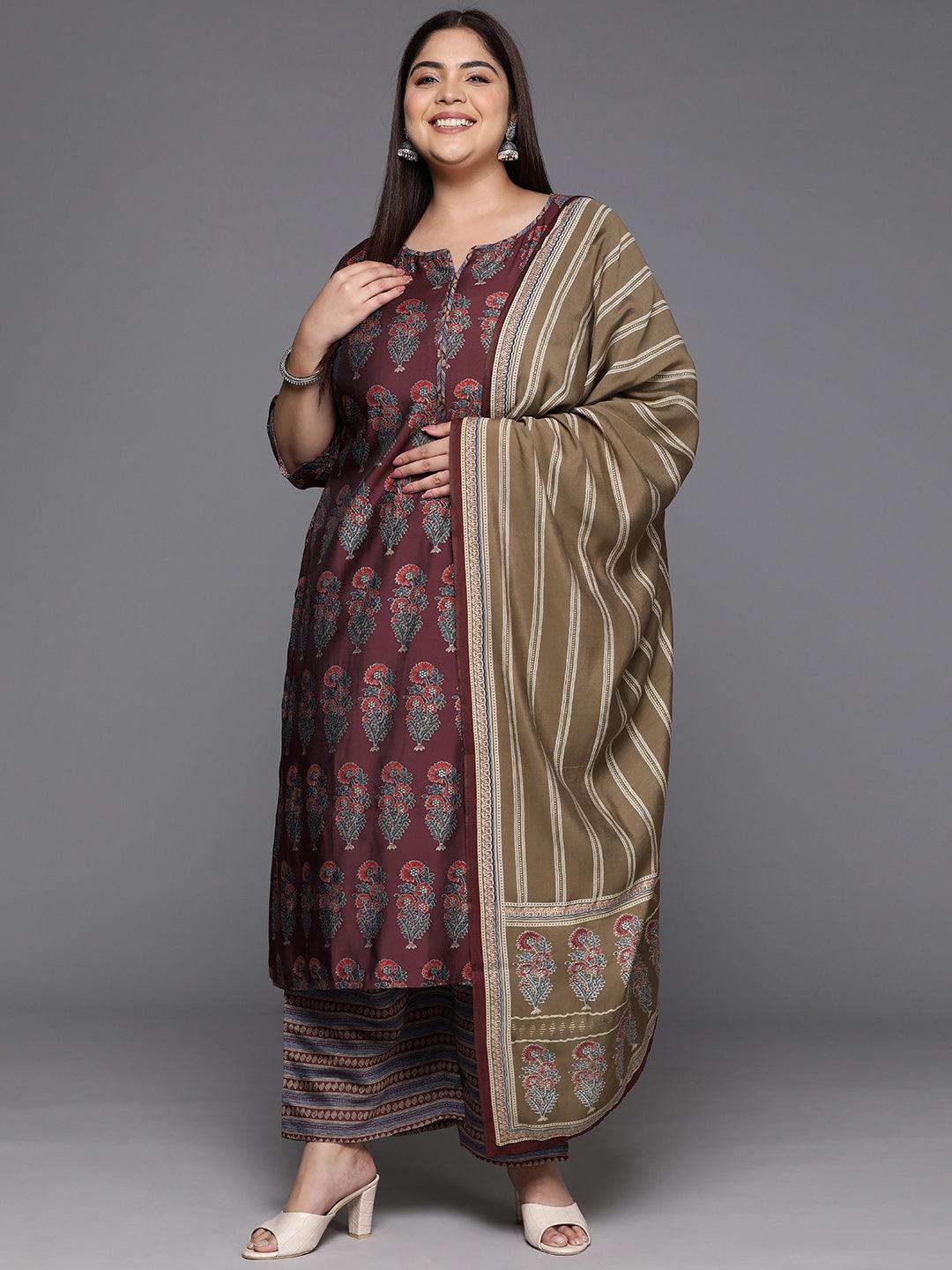 Plus Size Maroon Printed Silk Blend Straight Kurta With Trousers & Dupatta - Jashvi