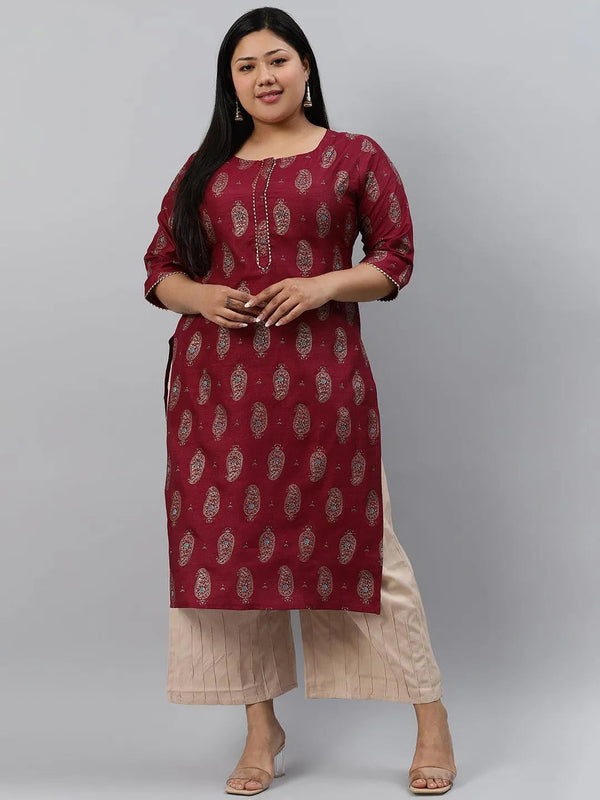 Plus Size Maroon Printed Silk Kurta - Jashvi