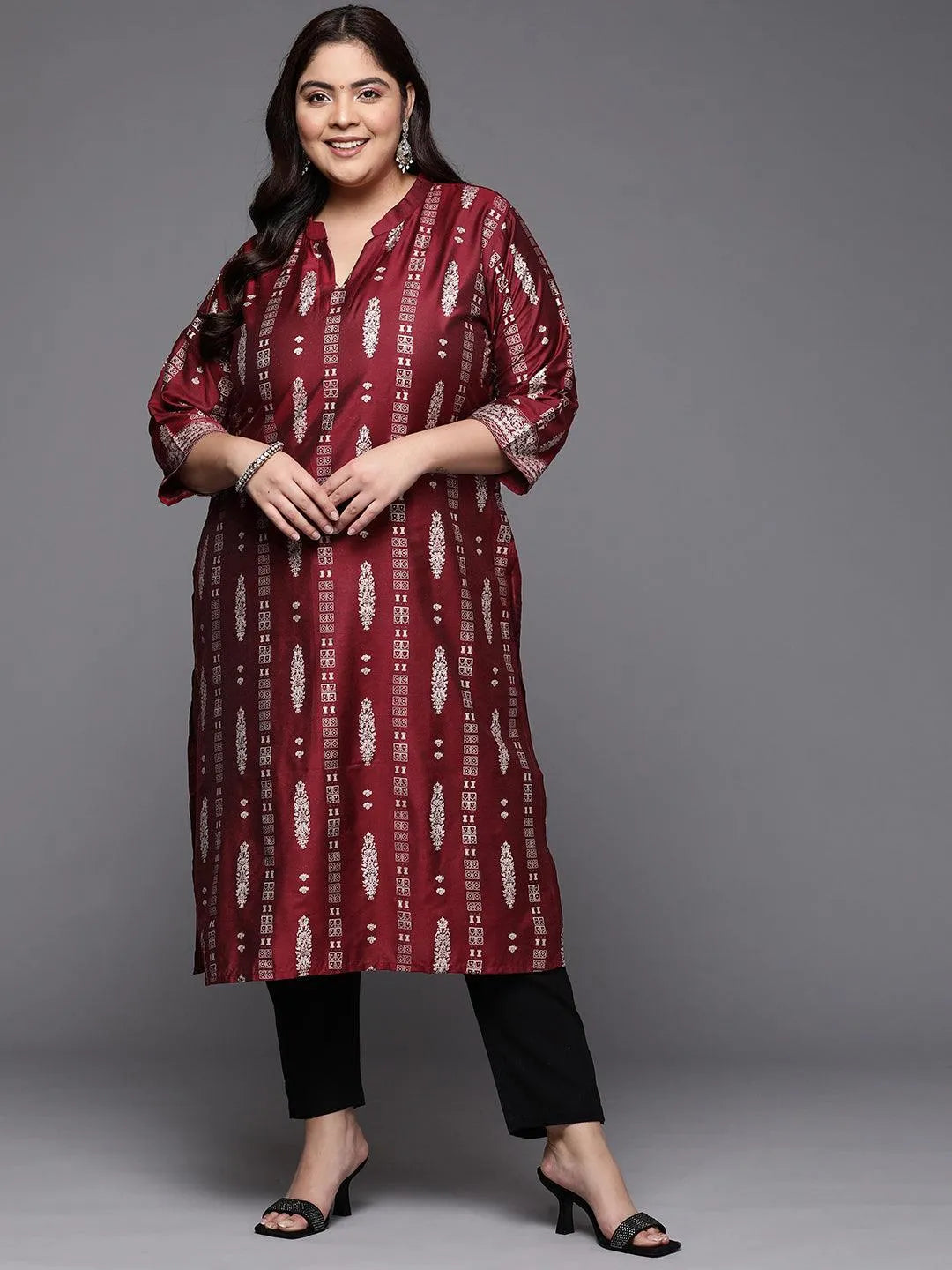 Plus Size Maroon Printed Silk Straight Kurta - Jashvi