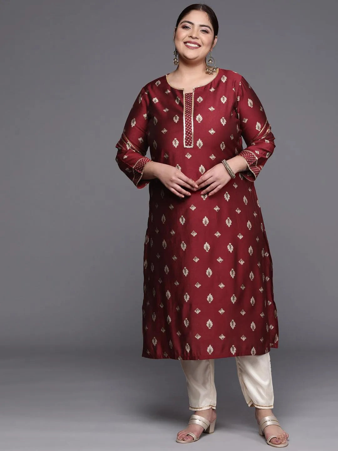 Plus Size Maroon Printed Silk Straight Kurta - Jashvi