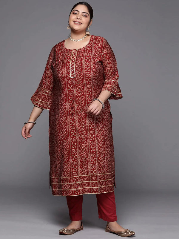 Plus Size Maroon Printed Silk Straight Kurta - Jashvi