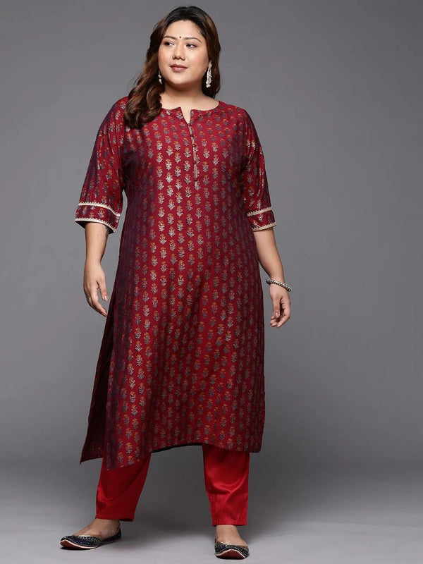 Plus Size Maroon Printed Silk Straight Kurta - Jashvi