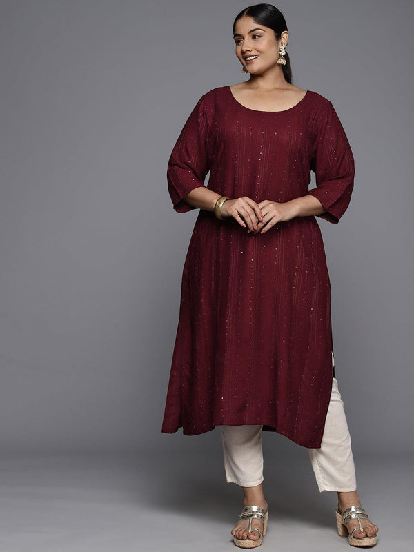 Plus Size Maroon Rayon Embroidered Straight Kurta - Jashvi