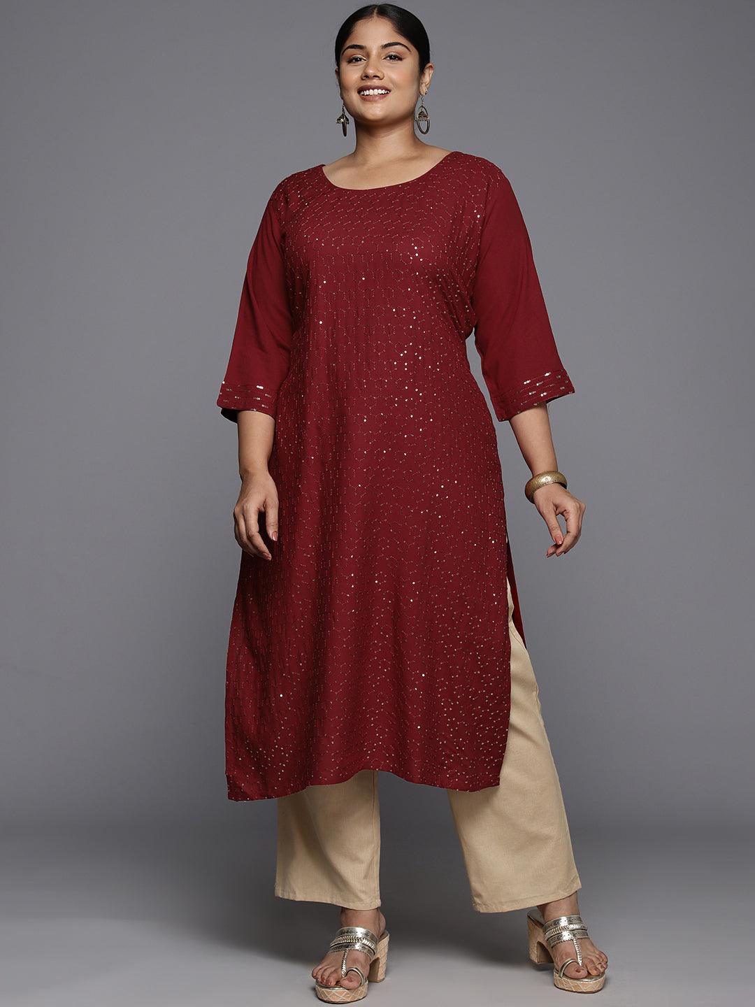 Plus Size Maroon Rayon Embroidered Straight Kurta - Jashvi