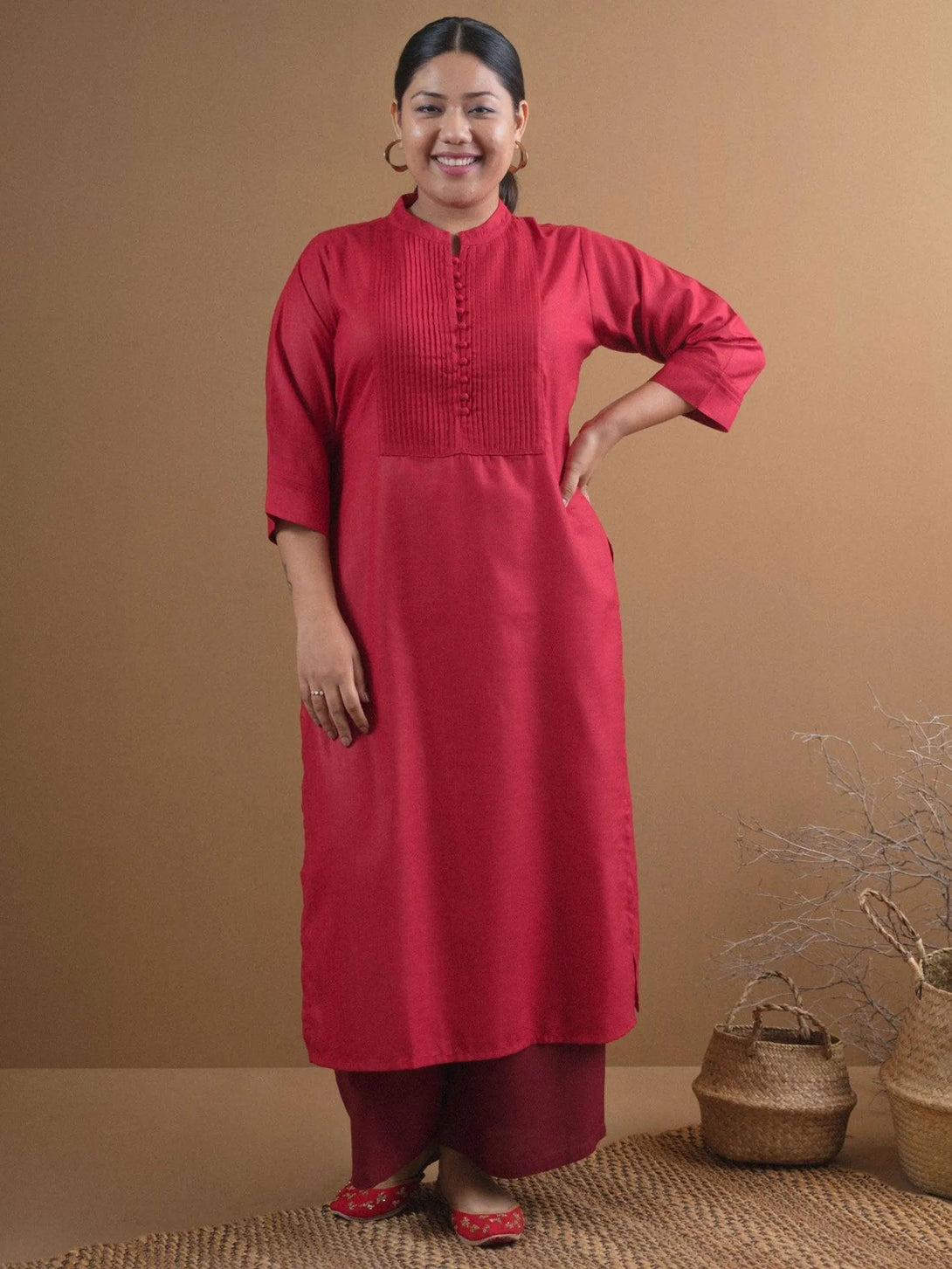 Plus Size Maroon Solid Cotton Kurta - Jashvi