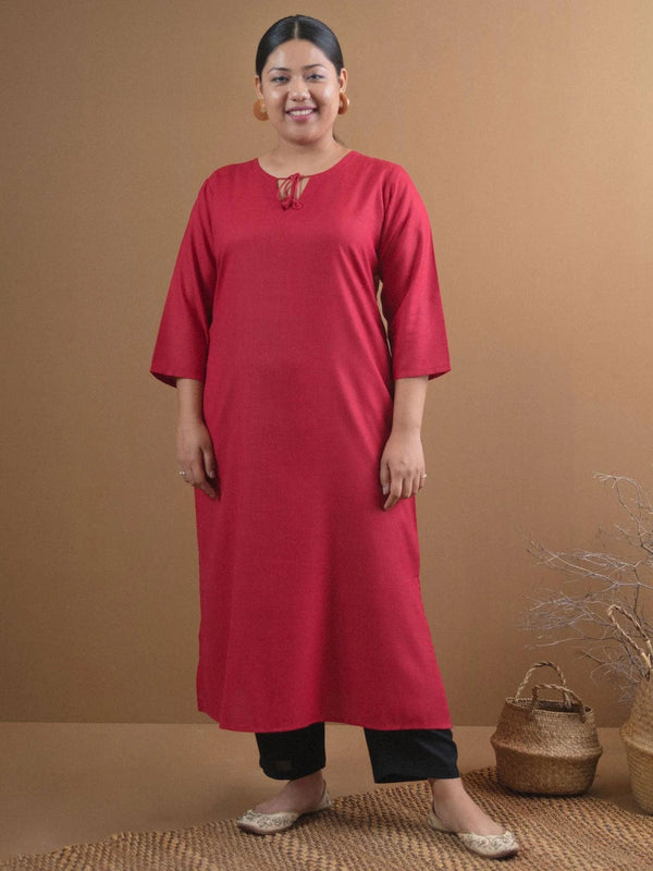 Plus Size Maroon Solid Cotton Kurta - Jashvi