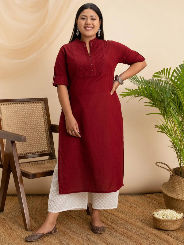 Plus Size Maroon Solid Cotton Kurta - Jashvi