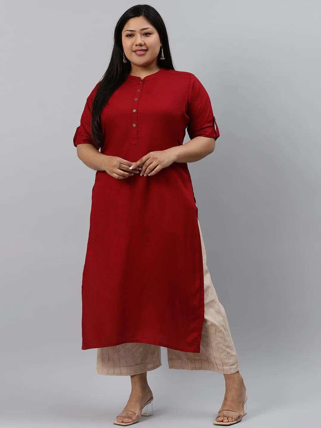 Plus Size Maroon Solid Rayon Kurta - Jashvi