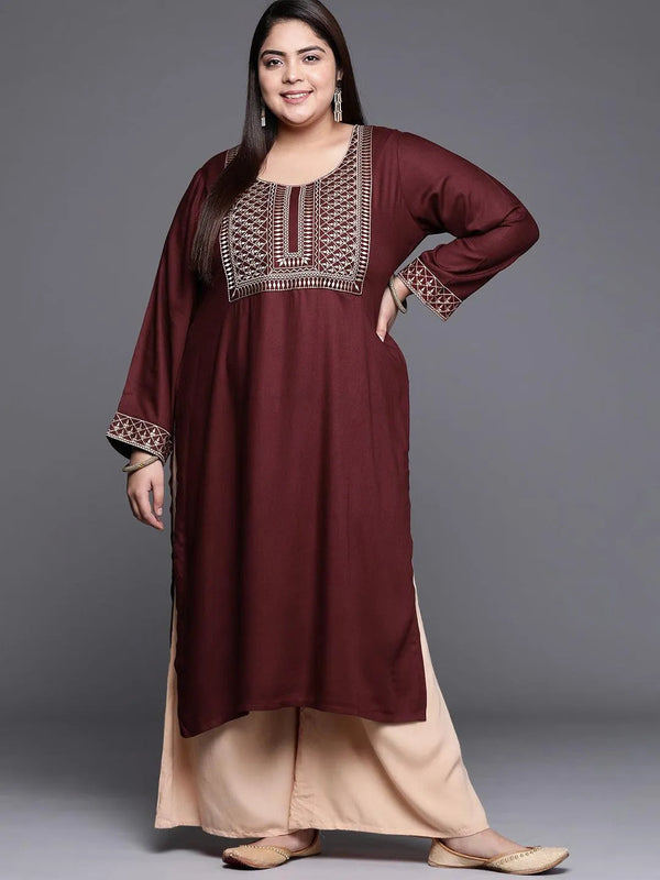 Plus Size Maroon Solid Wool Kurta - Jashvi