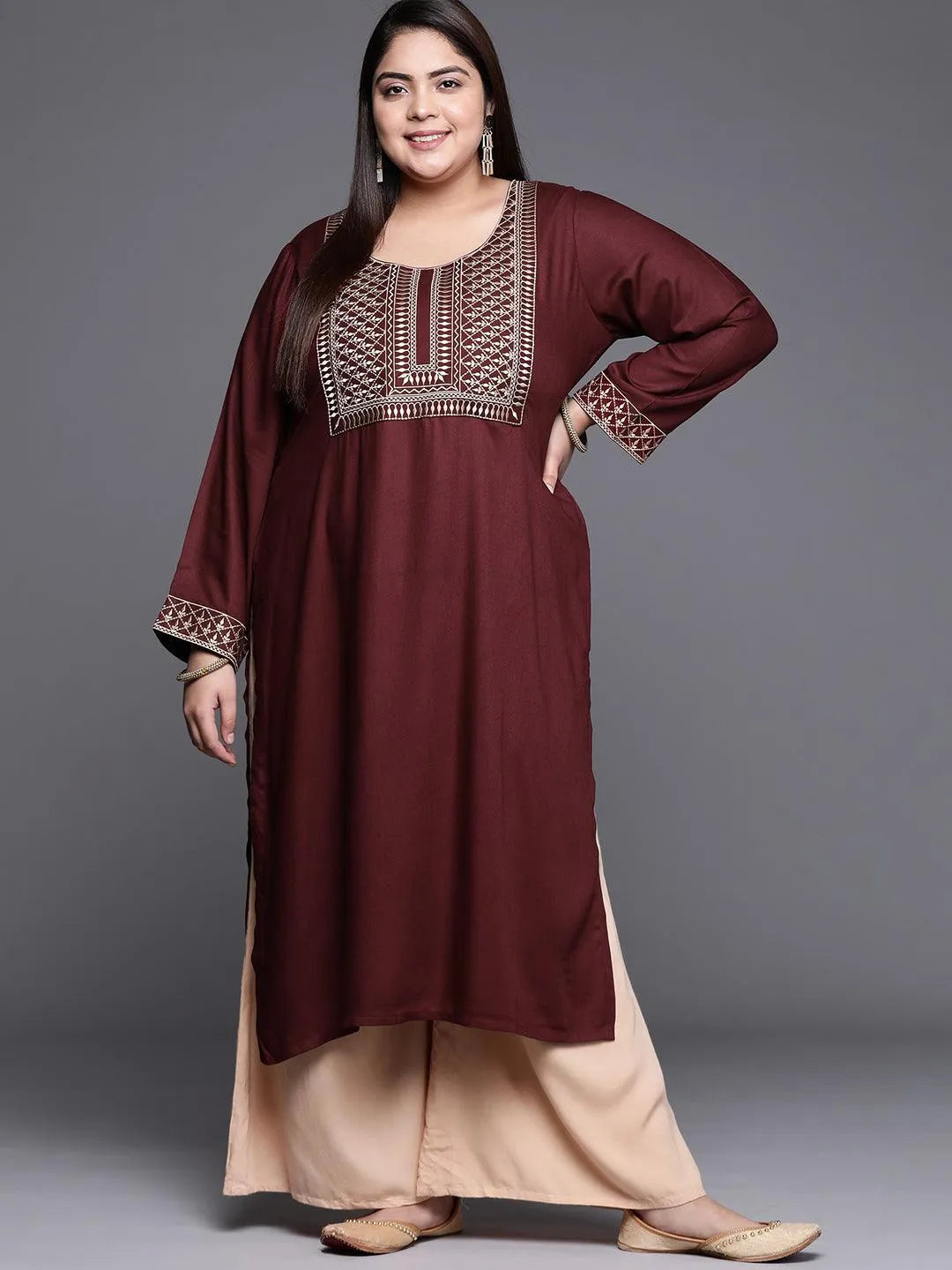 Plus Size Maroon Solid Wool Kurta - Jashvi