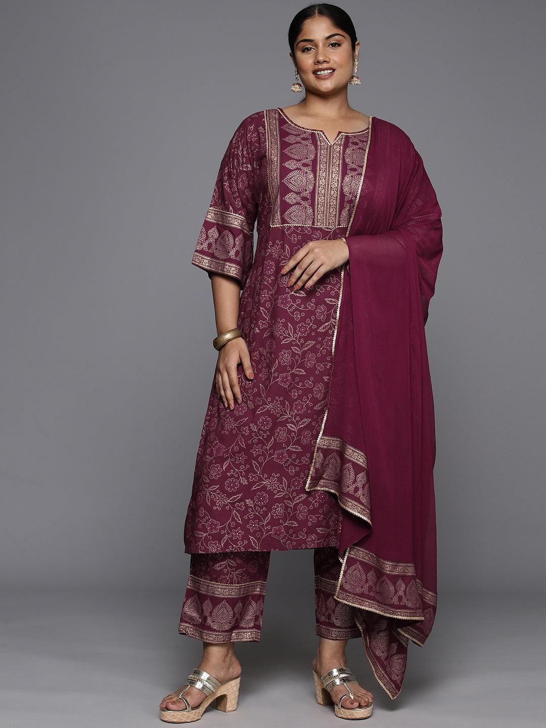 Plus Size Maroon Yoke Design Rayon A-Line Kurta With Trousers & Dupatta - Jashvi