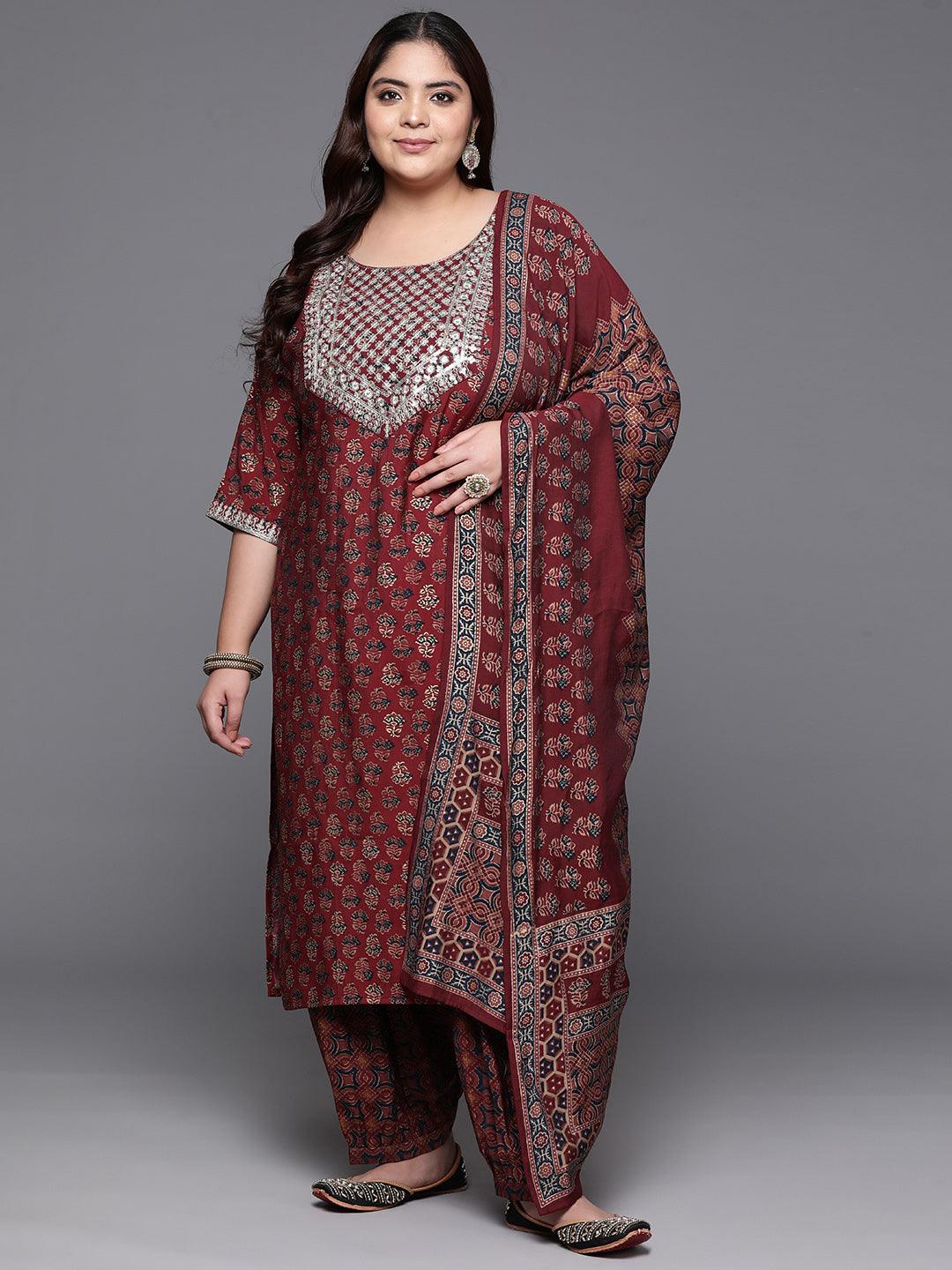 Plus Size Maroon Yoke Design Silk Blend Straight Kurta With Salwar & Dupatta - Jashvi