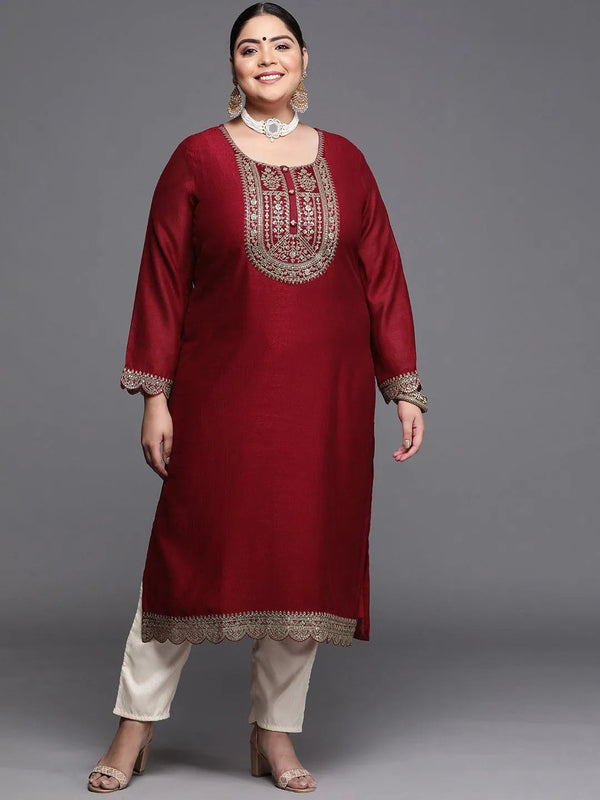 Plus Size Maroon Yoke Design Silk Kurta - Jashvi