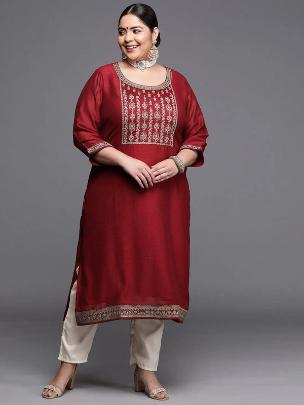 Plus Size Maroon Yoke Design Silk Kurta - Jashvi