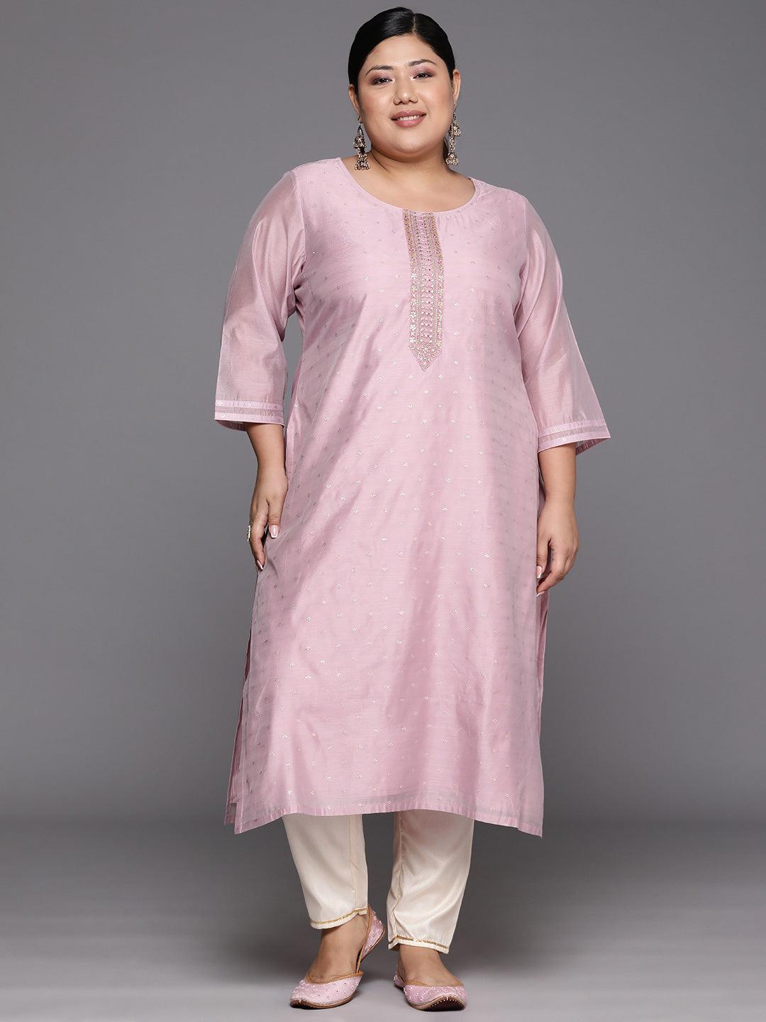 Plus Size Mauve Embroidered Chanderi Silk Straight Kurta - Jashvi