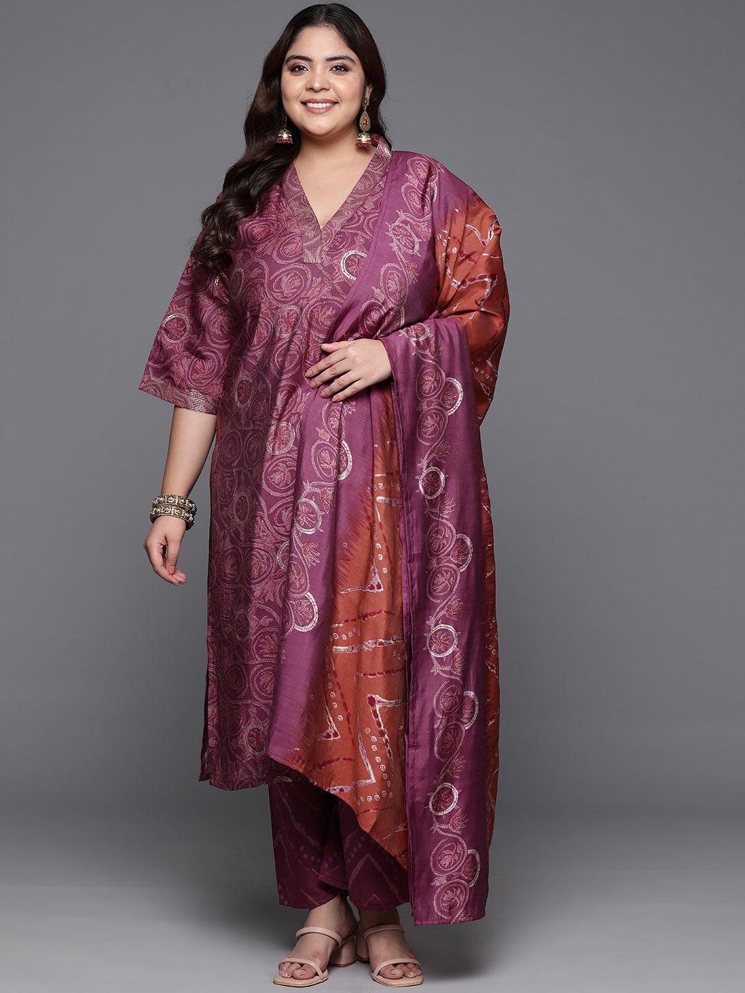 Plus Size Mauve Printed Silk Blend Straight Kurta With Trousers & Dupatta - Jashvi