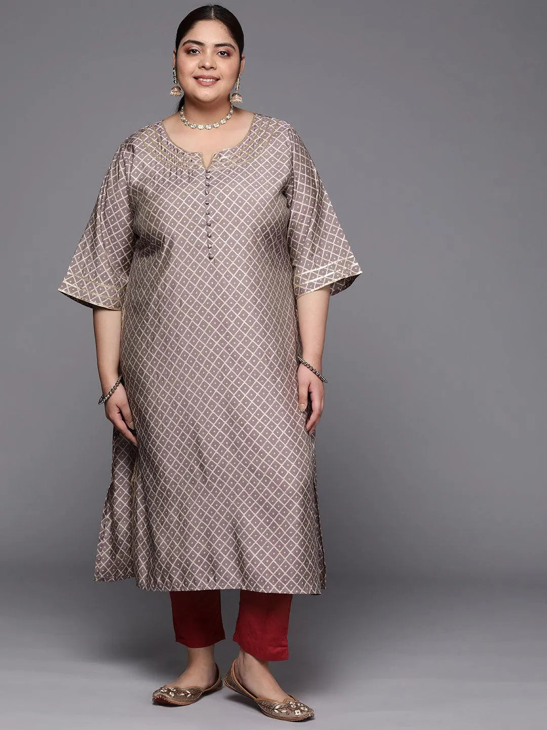 Plus Size Mauve Printed Silk Straight Kurta - Jashvi