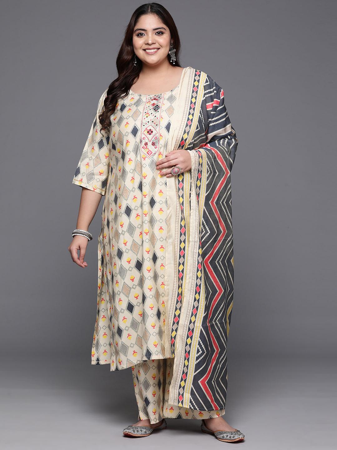 Plus Size Multi Printed Silk Blend Straight Kurta With Trousers & Dupatta - Jashvi