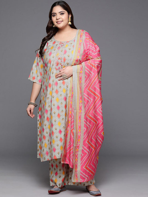 Plus Size Multi Printed Silk Blend Straight Kurta With Trousers & Dupatta - Jashvi