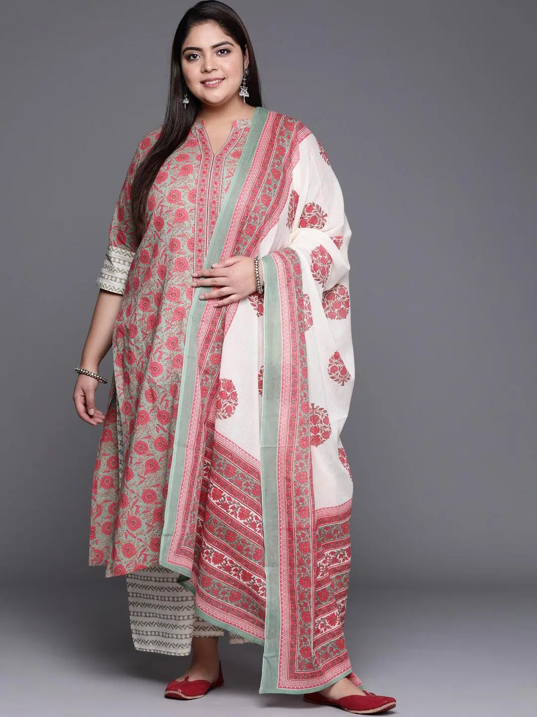 Plus Size Multicoloured Printed Cotton Suit Set - Jashvi