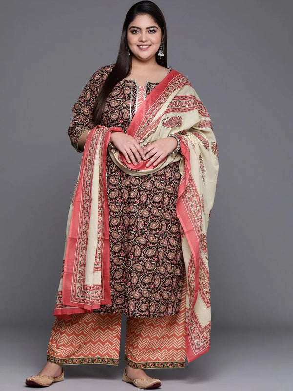 Plus Size Multicoloured Printed Cotton Straight Kurta With Palazzos & Dupatta