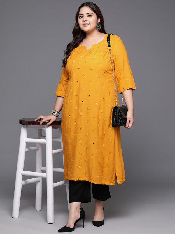 Plus Size Mustard Embroidered Rayon Straight Kurta - Jashvi