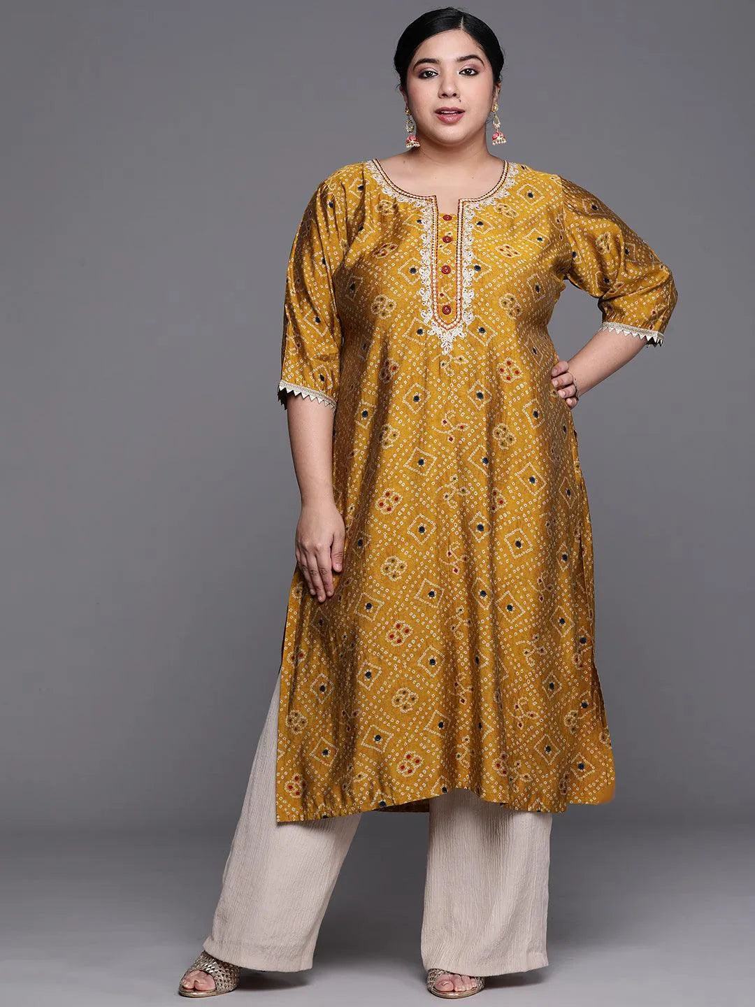 Plus Size Mustard Printed Chanderi Silk Kurta - Jashvi