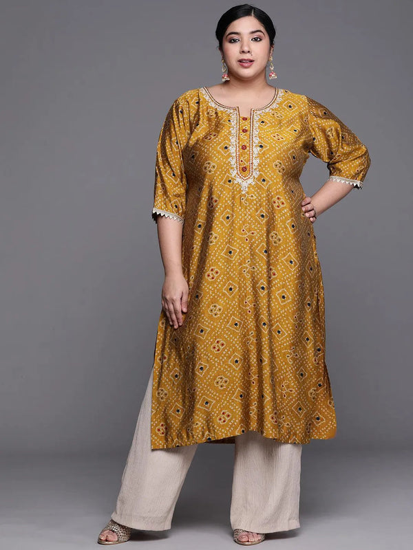 Plus Size Mustard Printed Chanderi Silk Kurta - Jashvi