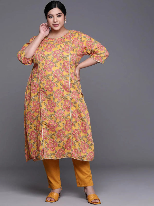 Plus Size Mustard Printed Cotton Kurta - Jashvi