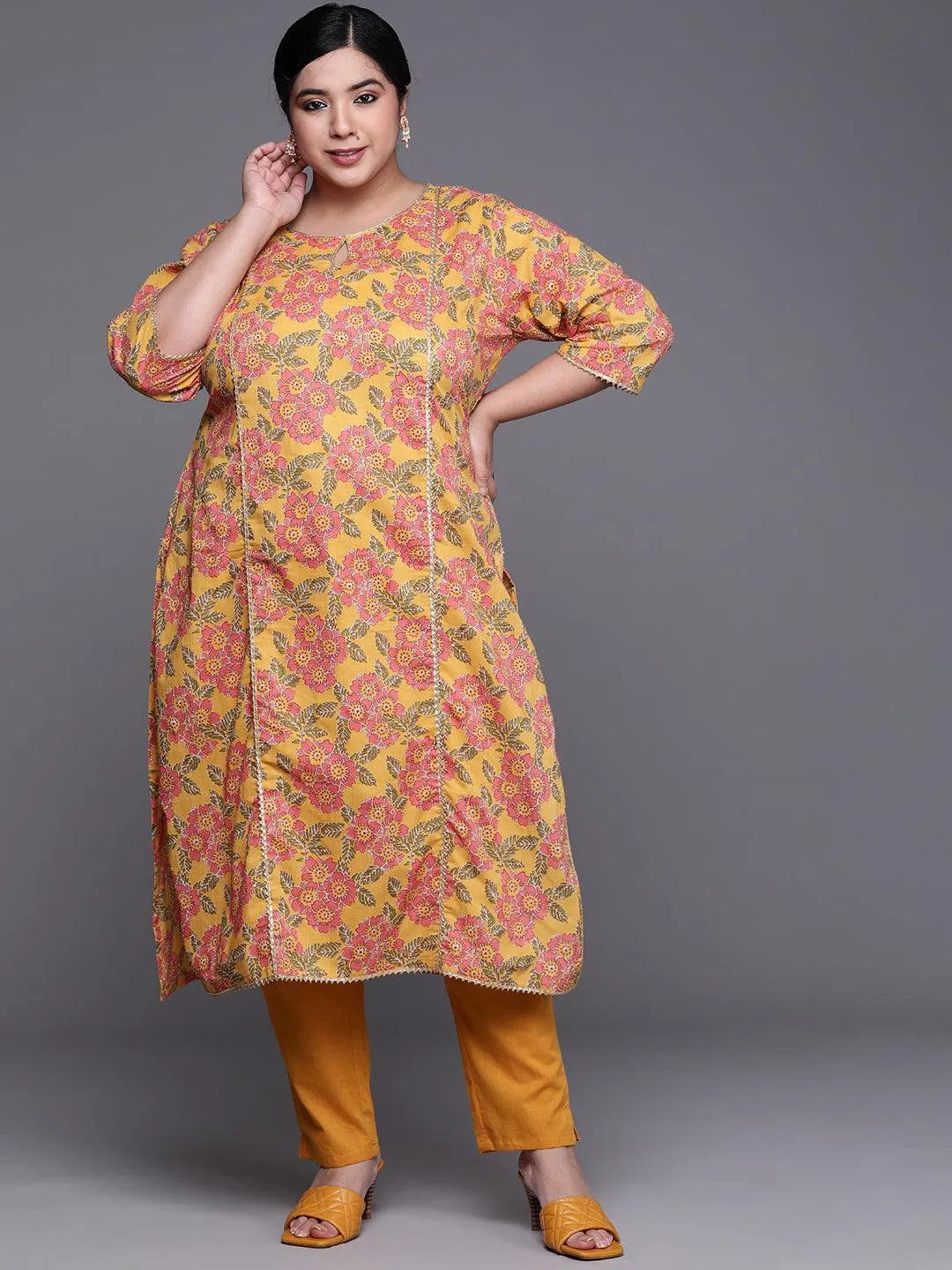 Plus Size Mustard Printed Cotton Kurta - Jashvi