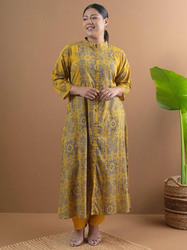 Plus Size Mustard Printed Cotton Kurta - Jashvi