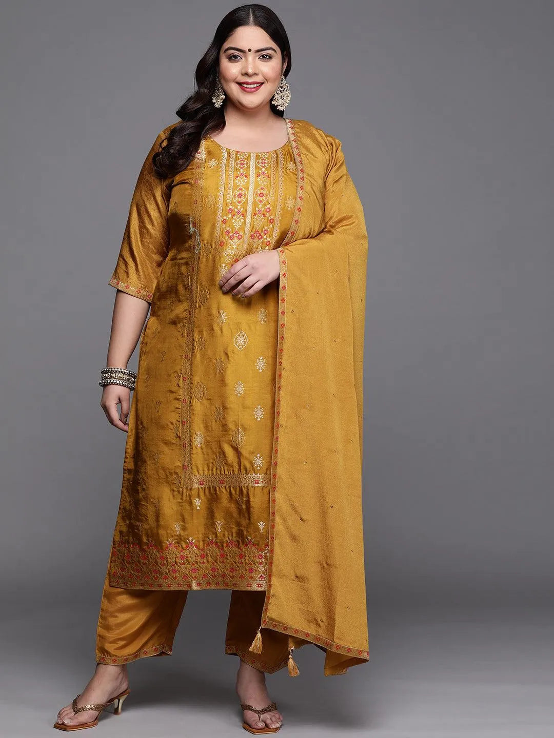 Plus Size Mustard Self Design Silk Blend Suit Set - Jashvi