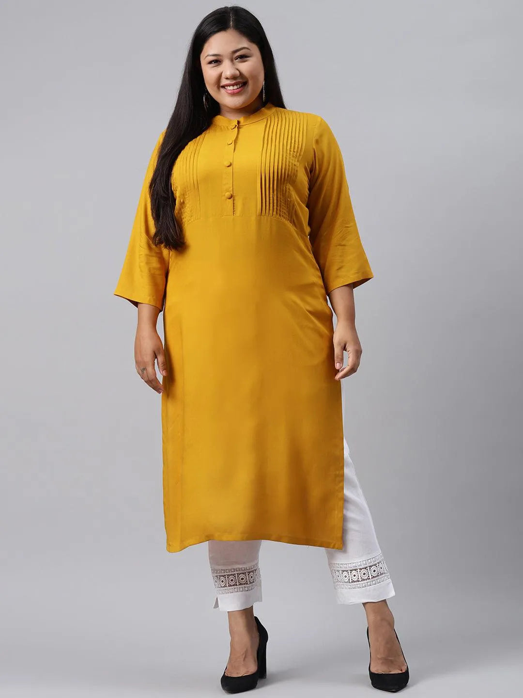 Plus Size Mustard Solid Rayon Kurta - Jashvi