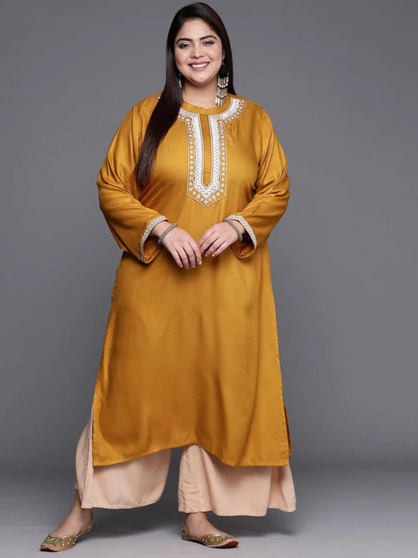 Plus Size Mustard Solid Wool Kurta - Jashvi