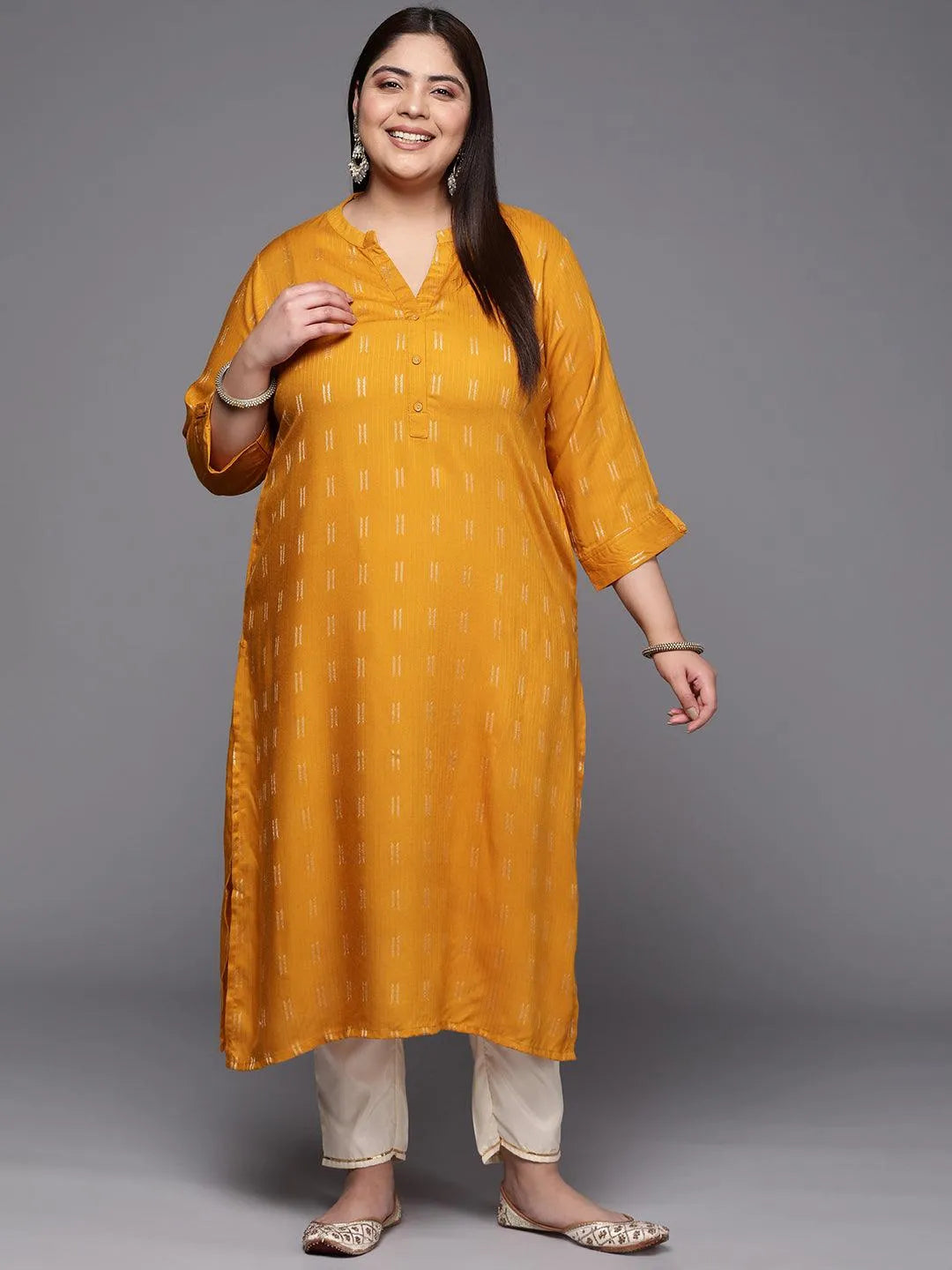 Plus Size Mustard Woven Design Rayon Straight Kurta - Jashvi