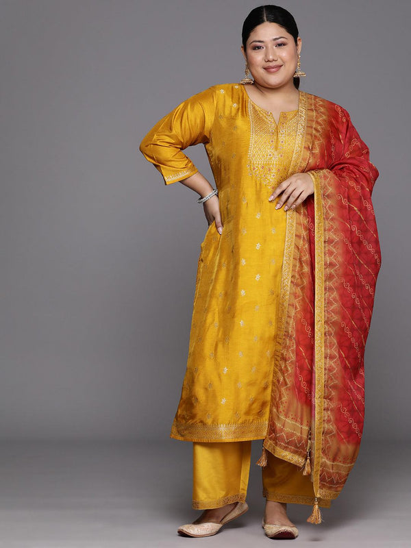 Plus Size Mustard Woven Design Silk Blend Straight Suit Set - Jashvi