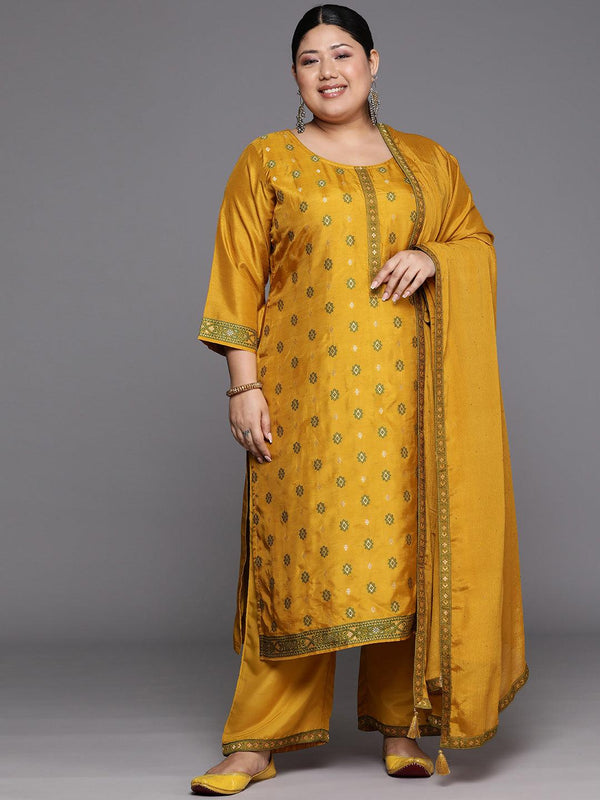 Plus Size Mustard Woven Design Silk Blend Straight Suit Set - Jashvi