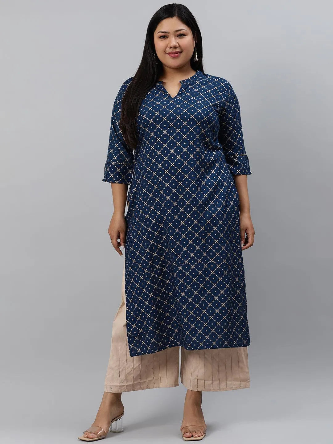 Plus Size Navy Blue Checkered Rayon Kurta - Jashvi