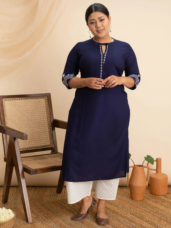 Plus Size Navy Blue Embroidered Rayon Kurta - Jashvi