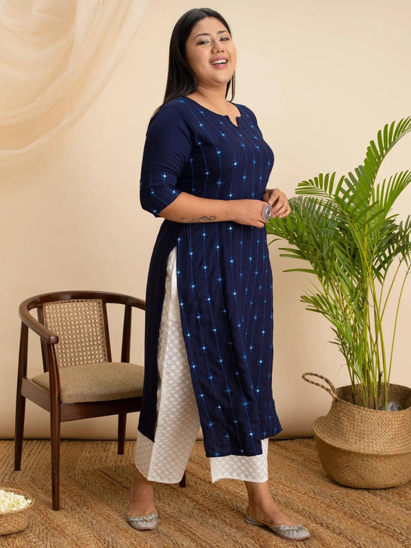 Plus Size Navy Blue Embroidered Rayon Kurta - Jashvi