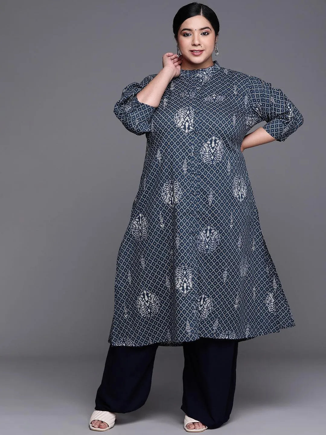 Plus Size Navy Blue Printed Cotton Kurta - Jashvi