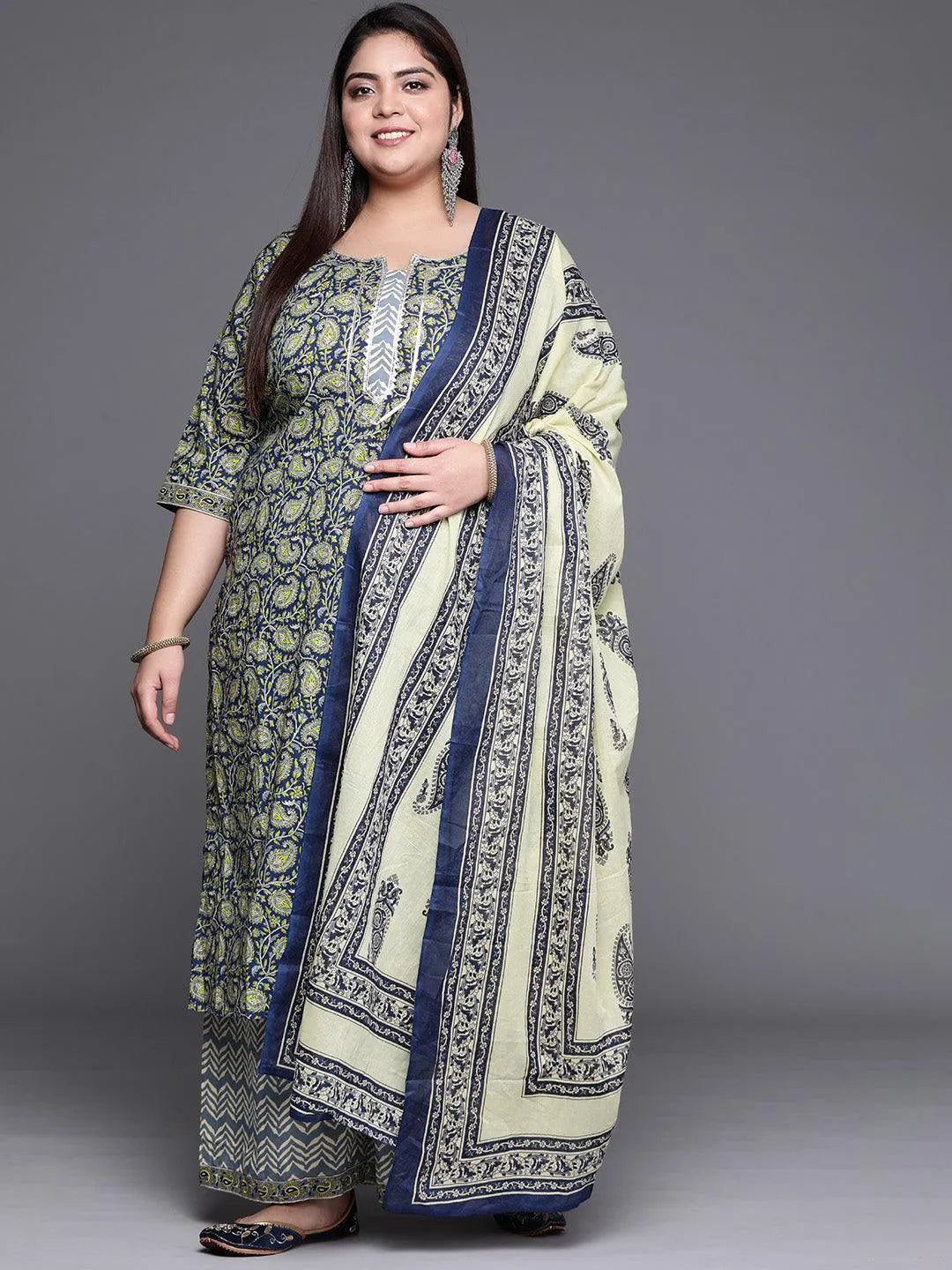 Plus Size Navy Blue Printed Cotton Suit Set - Jashvi