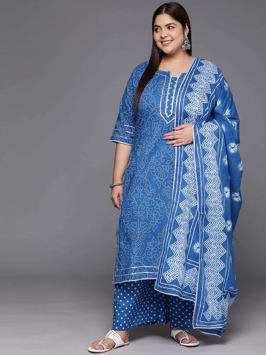 Plus Size Navy Blue Printed Cotton Straight Kurta With Palazzos & Dupatta - Jashvi