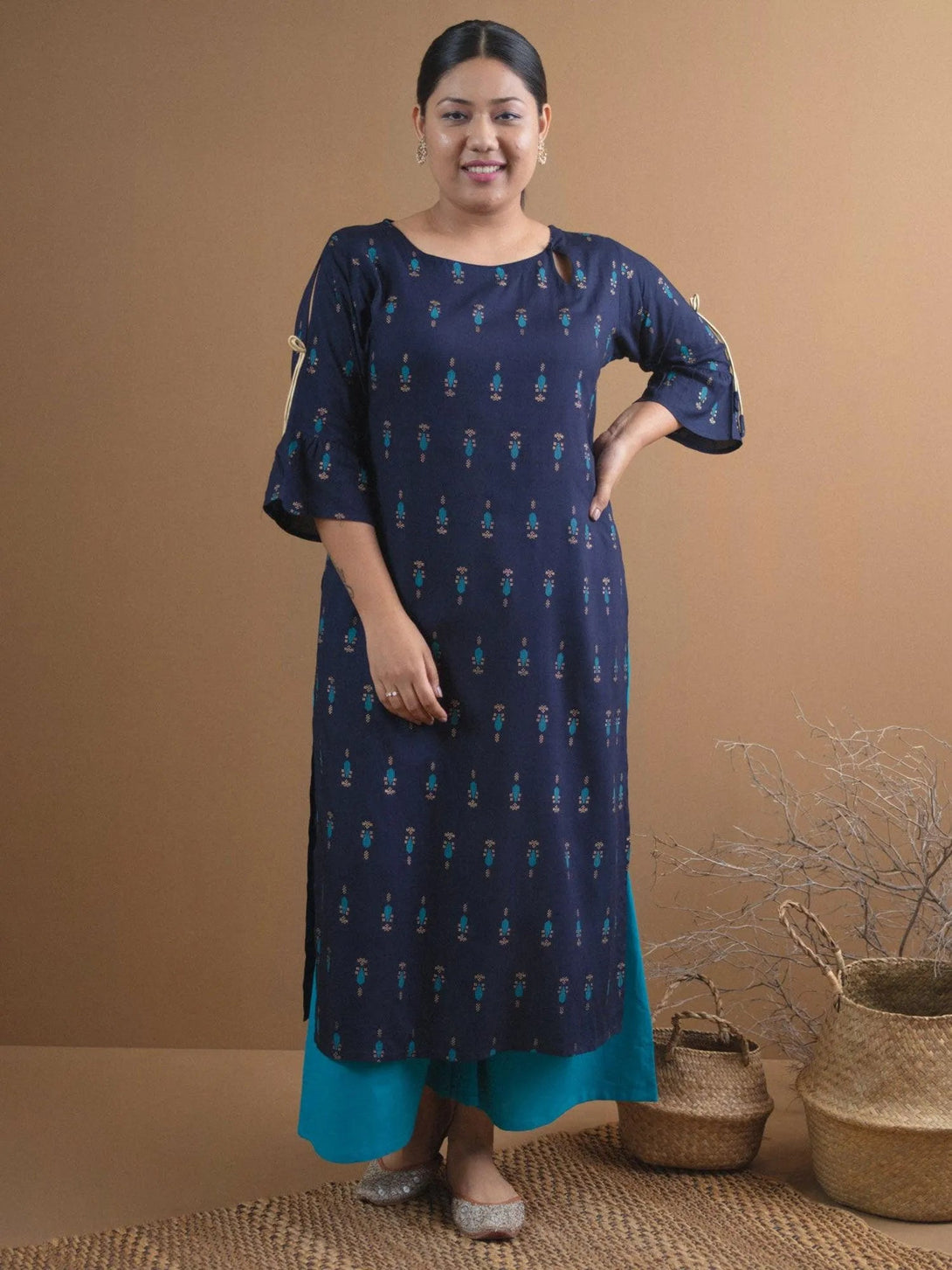 Plus Size Navy Blue Printed Rayon Kurta - Jashvi