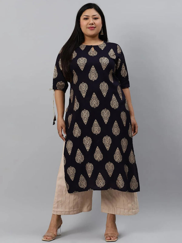 Plus Size Navy Blue Printed Rayon Kurta - Jashvi