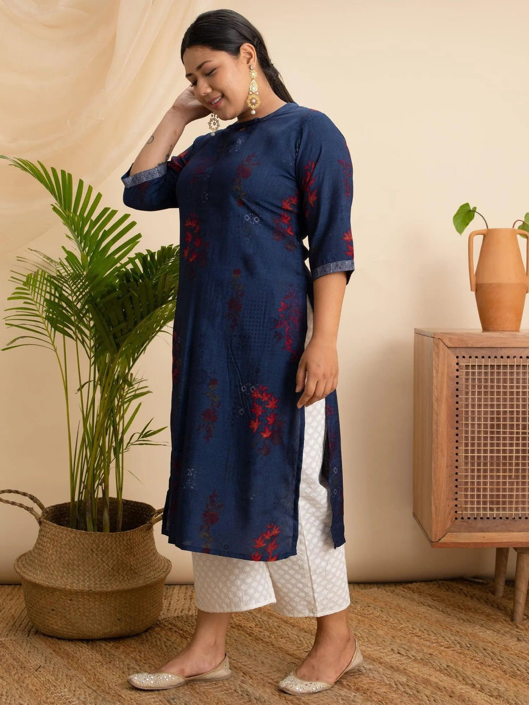 Plus Size Navy Blue Printed Rayon Kurta - Jashvi