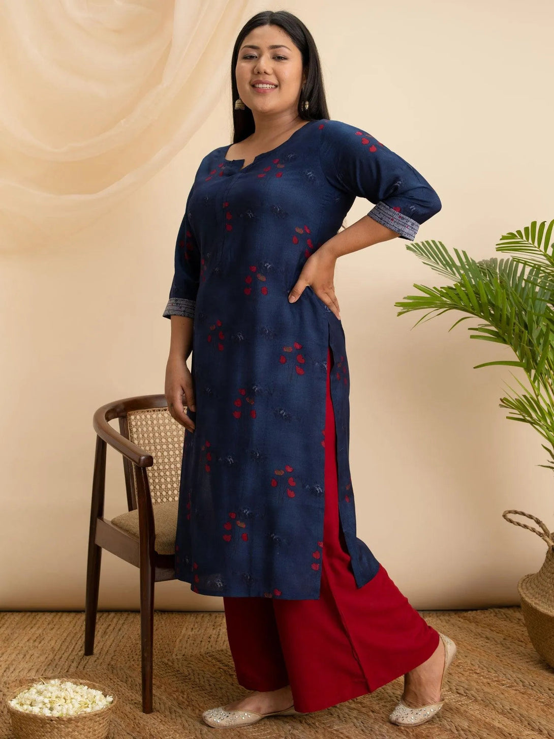 Plus Size Navy Blue Printed Rayon Kurta - Jashvi